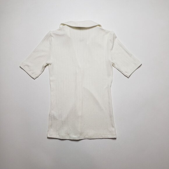 Madewell Cutaway Hem Polo Top Women XXS  Creme Fraiche Ivory SS Ribbed Button-Up - Picture 6 of 16